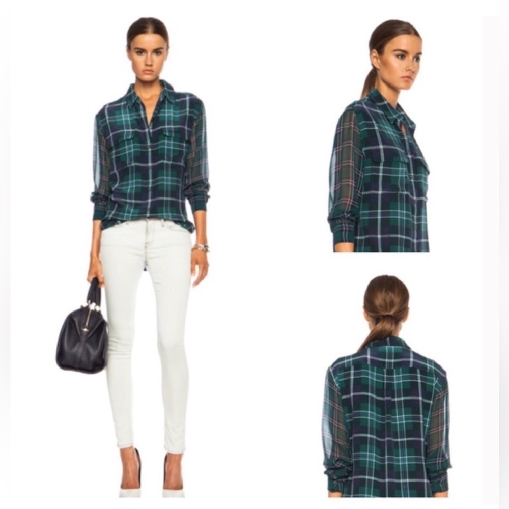 Equipment Femme Green and Blue Plaid Long Silk Shirt Dress